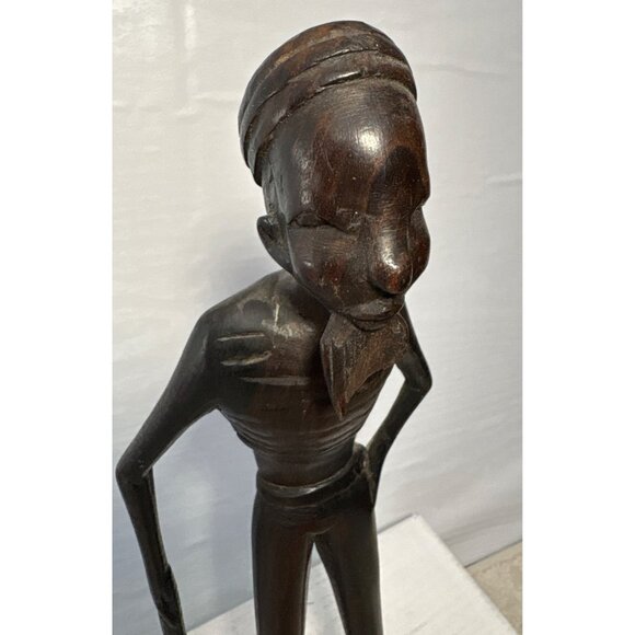 African Man Wood Sculpture with Cane 11" Tall Hand Carved In Tanganyika - Picture 4 of 10